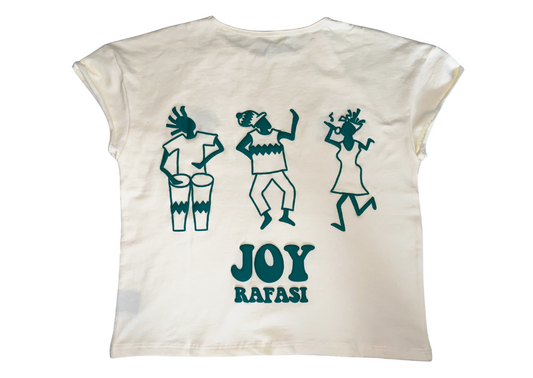 White t-shirt with green graphics and text on a white background