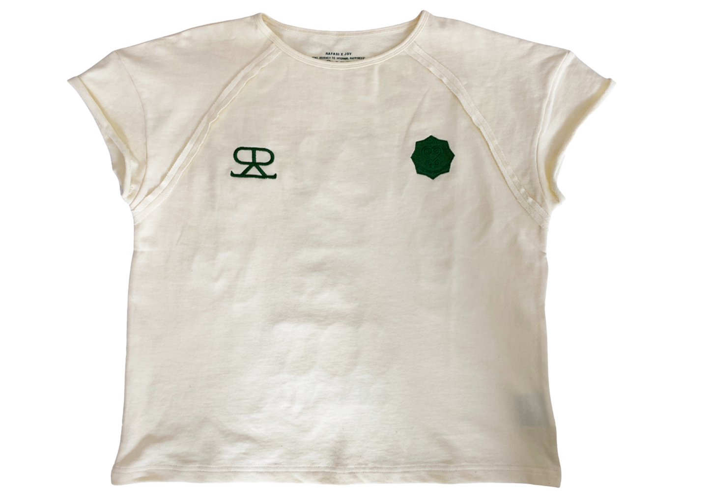 White t-shirt with green logos on a white background